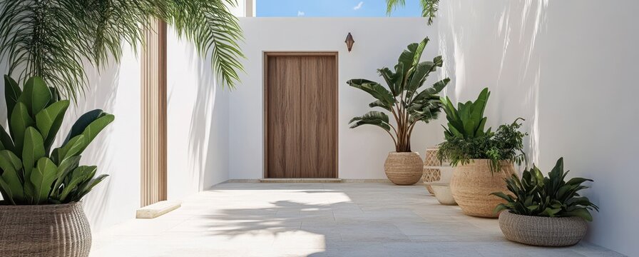 An elegant and minimalist entrance of an old finca in Ibiza, with white walls, wood details, plants in pots, and a blue sky.