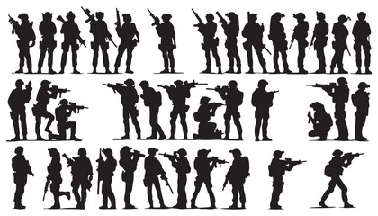 Trop or Female special forces commandos silhouette collection vector illustration black and white art