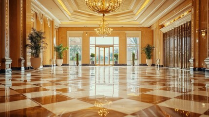 Fototapeta premium An elegant interior showcasing a luxurious entrance hall with polished marble floor and grand chandelier under bright lighting.