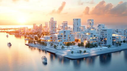 Obraz premium An aerial view of a modern city with white buildings and a waterfront. The sun is setting and the sky is orange and pink. There are boats in the water.