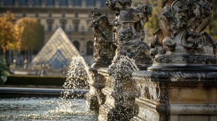 Obraz premium A close-up of the sculptures and fountains in the Tuileries Garden, with the Louvre in the background.