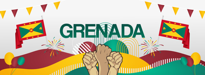 Grenada national or independence day modern banner with flag. Abstract art background for national holiday greeting card, sport and music event poster. Horizontal templates