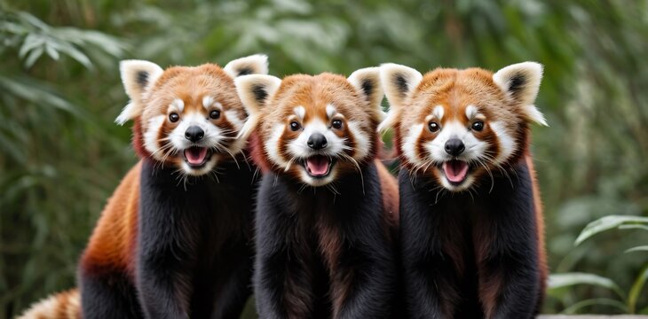 three adorable red pandas posing side by side in a forest
