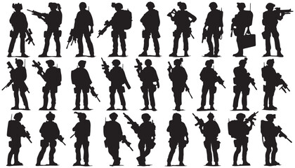 Trop or Female special forces commandos silhouette collection vector illustration black and white art