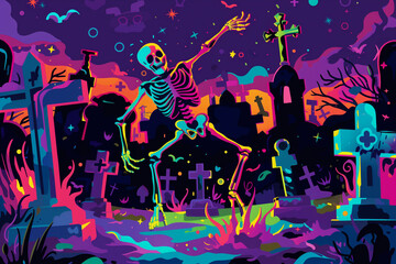 Obraz premium A neon skeleton wanders through a glowing graveyard at night, surrounded by tombstones and eerie, colorful lights.