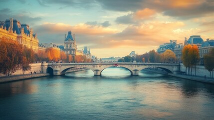 Fototapeta premium A scenic view of the Pont des Arts bridge, with the Louvre Museum in the background.