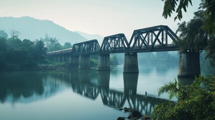 Obraz premium A serene view of the famous River Kwai Bridge, with a train crossing and lush greenery in the background.