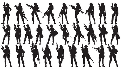 Trop or Female special forces commandos silhouette collection vector illustration black and white art