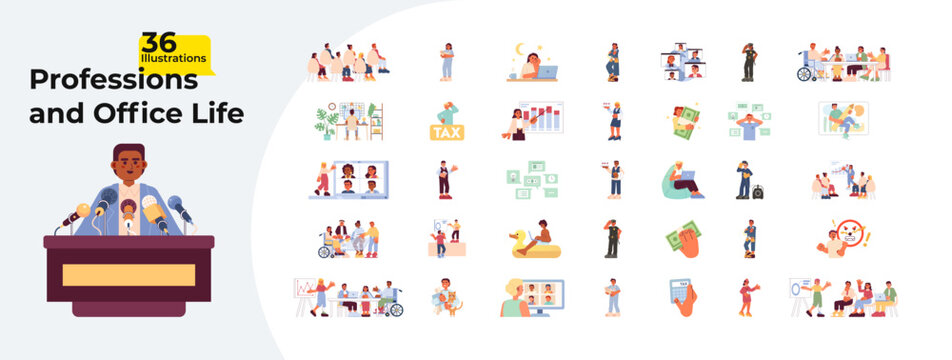 Corporate life employment cartoon flat illustrations mega bundle. Jobs occupations. Tax accounting. Charts workplace laptop working 2D images isolated on white. Collection vector drawings colorful