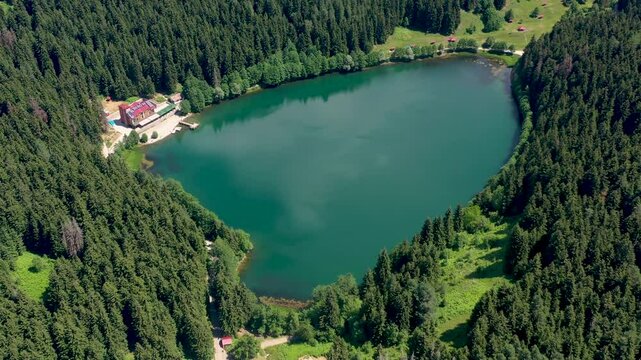 Savsat Karagol lake is a large trout lake in the forest in Artvin