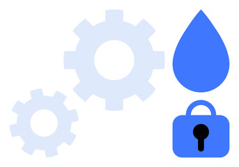 Gears, water drop, and padlock in blue and white colors. Ideal for technology, mechanics, security, water conservation, and industrial themes. Simple style using basic shapes and minimalistic design