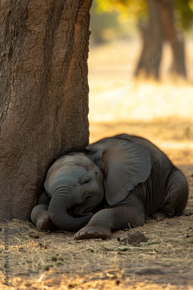 Sticker A baby elephant peacefully sleeping against a tree in a serene natural setting.