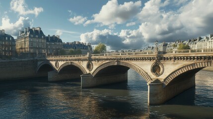 Fototapeta premium A view of the ornate Pont Neuf bridge, the oldest standing bridge across the Seine River.