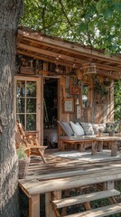 Charming wooden cabin among trees, featuring a cozy porch and rustic decor, ideal for relaxation and nature escape.