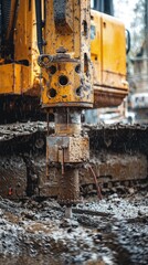 Close-up of a heavy construction machine drilling into wet ground for excavation and project development.