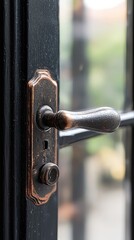 Close-up of a vintage door handle, showcasing intricate design on a black door with blurred background.