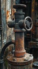 Fototapeta premium Close-up of a vintage, rusty valve with handle, showcasing intricate details and textures in an industrial setting.