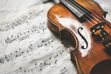 Naklejka premium Glowing classical instruments sparkle with floating music notes in a dreamy concert hall