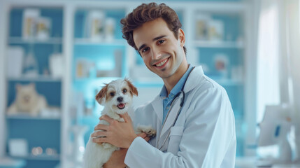 Veterinarian holding a happy puppy in a bright clinic