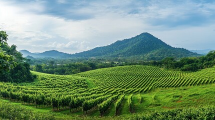 Fototapeta premium The beautiful green landscapes of Silverlake Vineyard in Chonburi, with rolling hills and grape vines as far as the eye can see.