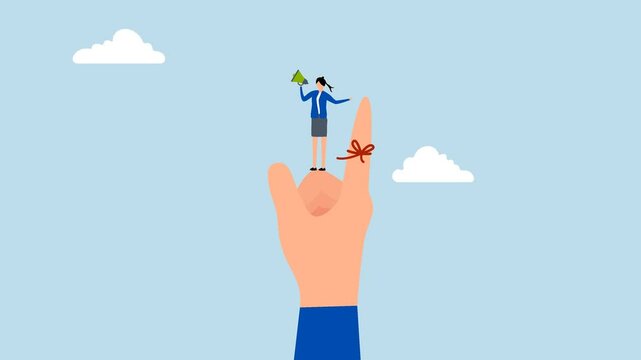 Finger string reminder, 4k animation of businesswoman helped by tying a red string around the boss's finger and using a megaphone to remind him.