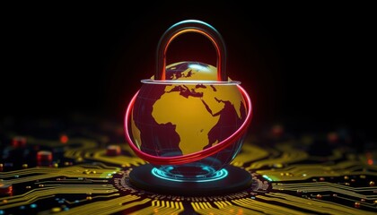 Glowing Globe with Digital Padlock and Circuit Board. Digital Lock and Globe Symbolizing Global Cybersecurity on Futuristic Circuit