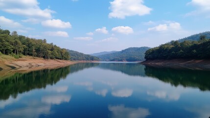 The calm waters of Srinagarind Reservoir, reflecting the surrounding hills and blue skies.