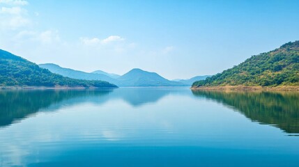 Naklejka premium The calm waters of Srinagarind Reservoir, reflecting the surrounding hills and blue skies.