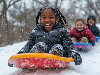 A group of children joyfully racing down a snowy hill on colorful sleds.
