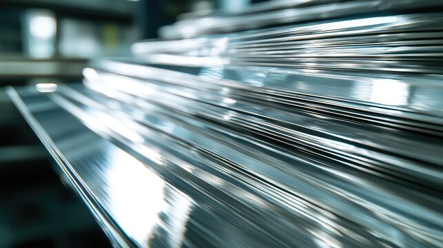 Close-up of polished metal sheets stacked in a manufacturing facility, showcasing smooth texture and intricate light reflection.