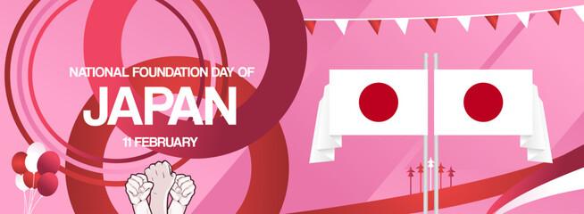 Modern banner of Japan National Foundation Day with flag. Abstract art background for national holiday greeting cards, sports and music event posters. Can also be used for Japan Constitution Day