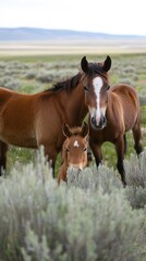 Obraz premium A mare and her foal stand together in a grassy field surrounded by sagebrush.