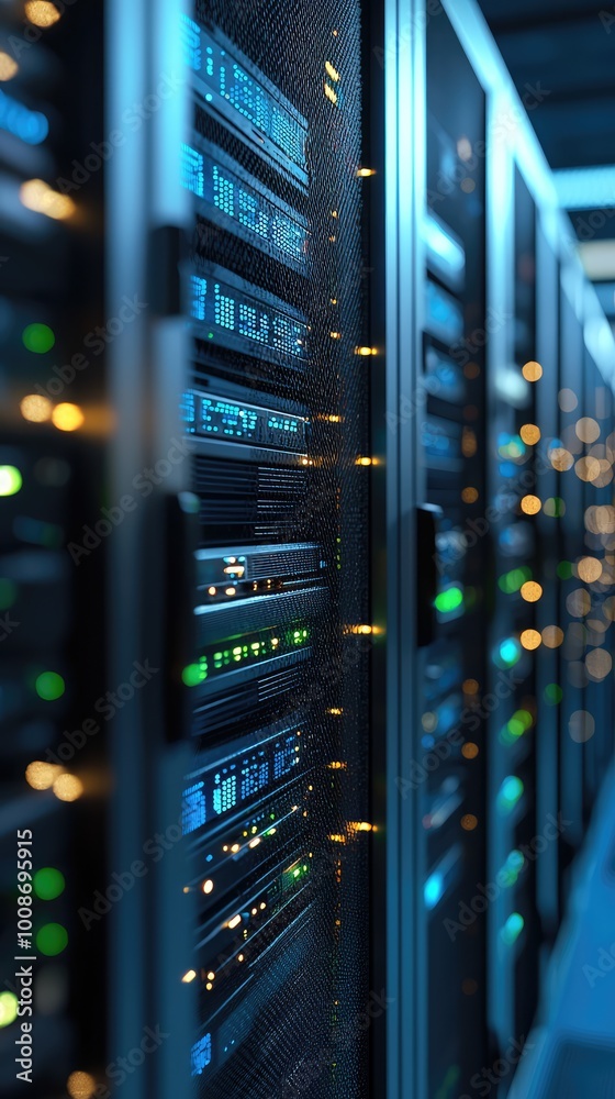 Poster close-up view of a server room showcasing advanced technology and illuminated data storage units.