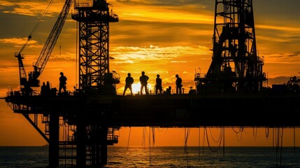 Obraz premium Workers are silhouetted against a stunning sunset while conducting operations on a large ocean-based oil platform. The sky is vibrant with colors