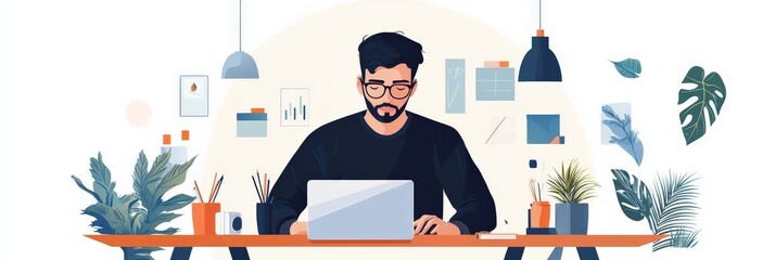 Graphic designer working on an innovative project, surrounded by design tools and creative elements, focused and inspired