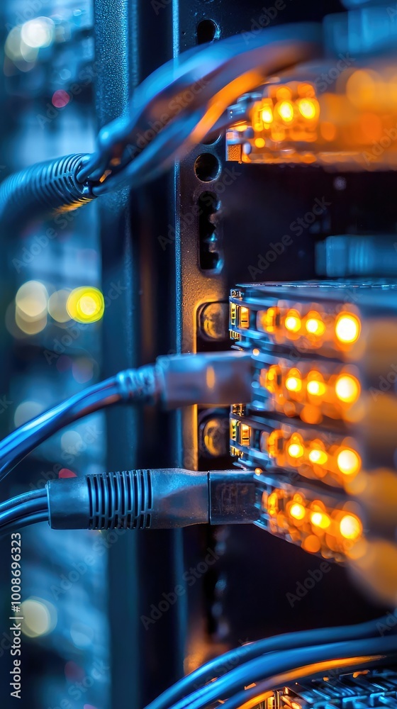Poster close-up view of network cables and illuminated server lights in a data center, showcasing advanced 