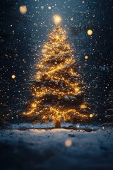 Naklejka premium A glowing Christmas tree in a snowy forest at night.