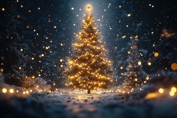 A glowing Christmas tree in a snowy forest at night.