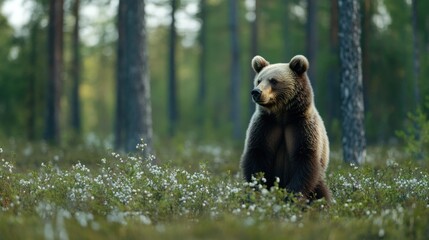 Obraz premium A brown bear sits peacefully in a lush forest, surrounded by greenery and wildflowers.