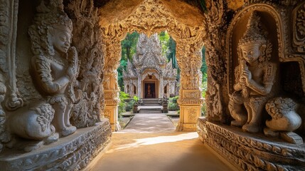Fototapeta premium The impressive entrance to Wat Tham Phu Wa, with intricate carvings leading to a peaceful cave.