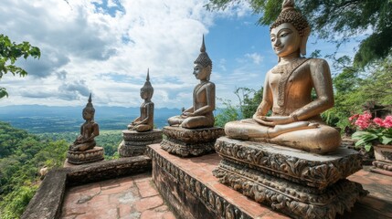 Fototapeta premium The impressive sculptures and sacred relics at Phra That Phu Wiang, located on a hilltop with panoramic views.