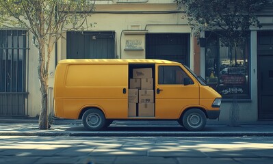 Obraz premium A yellow van with boxes inside is parked on the street, the door open. 