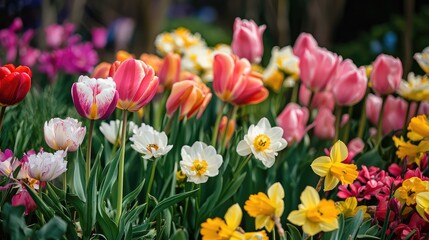 Obraz premium Colorful spring flowers bloom beautifully in a vibrant garden, showcasing various tulips and daffodils in full splendor.