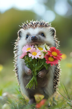 animal art, cute hedgehog is carrying flowers to you, antropomorphic, green bokeh background, photorealistic