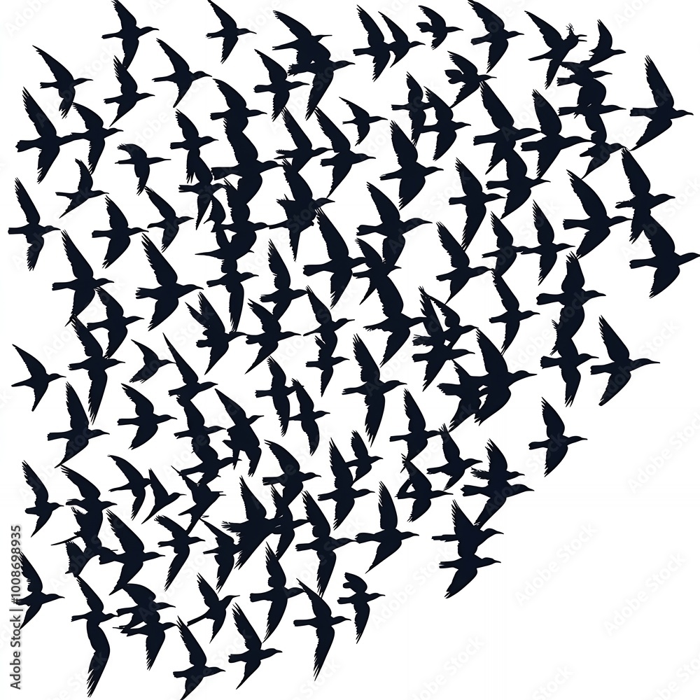 Poster Silhouettes of birds flying in a flock.