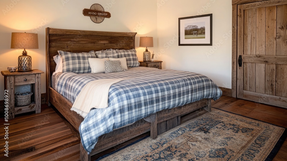 Wall mural a luxurious rustic guest bedroom with a cozy queen-sized bed adorned with plaid linens