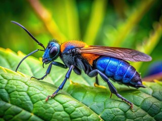 Naklejka premium Striking Tarantula Hawk Wasp Resting on Vibrant Green Leaf in Natural Habitat Under Bright Sunlight