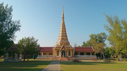Naklejka premium The majestic Phra Mahathat Kaen Nakhon (Nine-Storey Stupa) at Wat Nong Wang, towering over the serene Khon Kaen skyline.