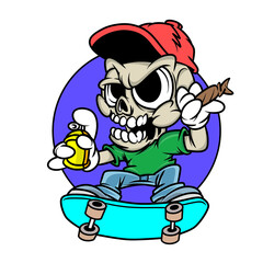 Cartoon Skeleton Skateboarder with Spray Can and Cigar