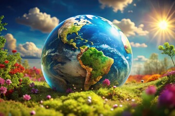Fototapeta premium Stunning 3D Earth Model with Vibrant Colors and Natural Elements for Earth Day Celebrations and Awareness